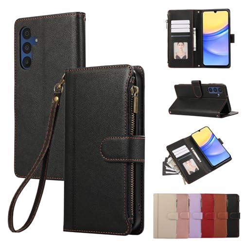 Rosbtib Handyhülle für Samsung Galaxy A34 5G (6.6 Zoll 2023) Lederhülle Reißverschluss Magnetverschluss Brieftasche mit 4 Kartenfächern Standfuntion Retro Ledertasche Galaxy A34 5G Hülle, Schwarz von Rosbtib