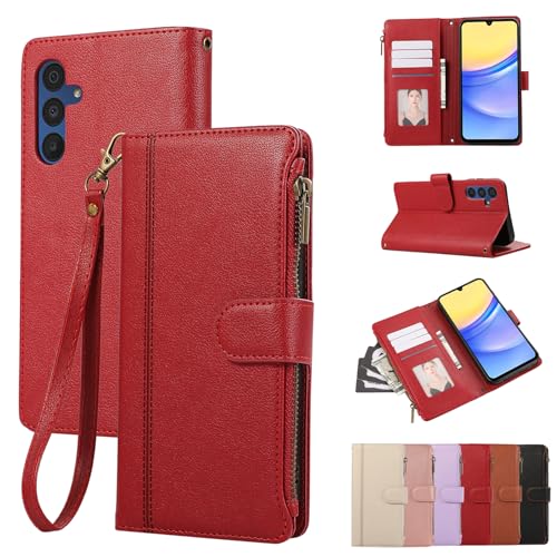 Rosbtib Handyhülle für Samsung Galaxy A34 5G (6.6 Zoll 2023) Lederhülle Reißverschluss Magnetverschluss Brieftasche mit 4 Kartenfächern Standfuntion Retro Ledertasche Galaxy A34 5G Hülle, Rot von Rosbtib