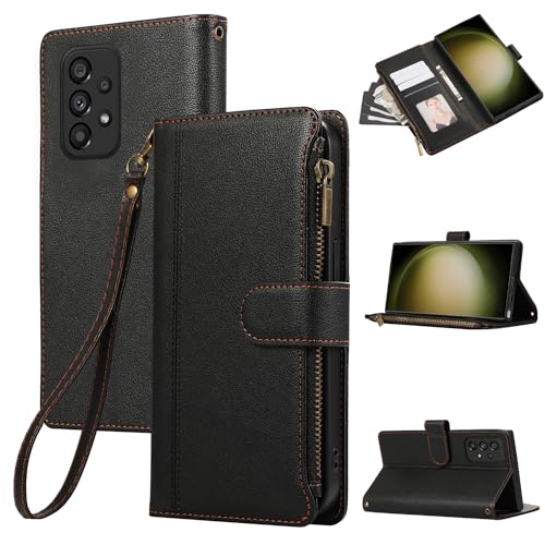 Rosbtib Handyhülle für Samsung Galaxy A53 5G Lederhülle Reißverschluss Magnetverschluss Brieftasche mit 4 Kartenfächern Standfuntion Retro Ledertasche Galaxy A53 5G Hülle, Schwarz von Rosbtib