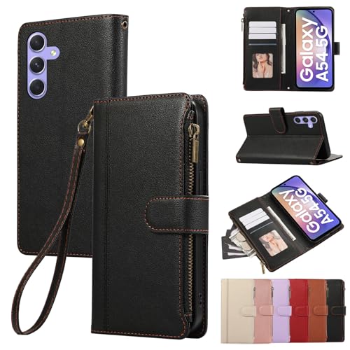 Rosbtib Handyhülle für Samsung Galaxy A54 5G (6.4 Zoll 2023) Lederhülle Reißverschluss Magnetverschluss Brieftasche mit 4 Kartenfächern Standfuntion Retro Ledertasche Galaxy A54 5G Hülle, Schwarz von Rosbtib