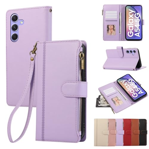 Rosbtib Handyhülle für Samsung Galaxy A54 5G (6.4 Zoll 2023) Lederhülle Reißverschluss Magnetverschluss Brieftasche mit 4 Kartenfächern Standfuntion Retro Ledertasche Galaxy A54 5G Hülle, Lila von Rosbtib