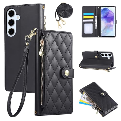 Rosbtib Handyhülle für Samsung Galaxy A55 5G 6.6" 2024, Handytasche aus PU-Leder mit Rautengitter-Stickerei, Galaxy A55 Hülle Flip Klappbare mit Handschlaufe und langem Trageriemen, Schwarz Rosbtib Handyhülle für Samsung Galaxy A55 5G 6.6" 2024, Handytasche aus PU-Leder mit Rautengitter-Stickerei, Galaxy A55 Hülle Flip Klappbare mit Handschlaufe und langem Trageriemen, Schwarz von Rosbtib