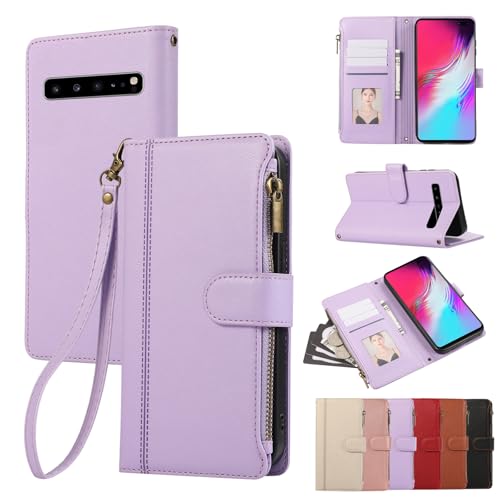 Rosbtib Handyhülle für Samsung Galaxy S10 6.1 Zoll 2019 Lederhülle Reißverschluss Magnetverschluss Brieftasche mit 4 Kartenfächern Standfuntion Retro Ledertasche Galaxy S10 Hülle, Lila von Rosbtib