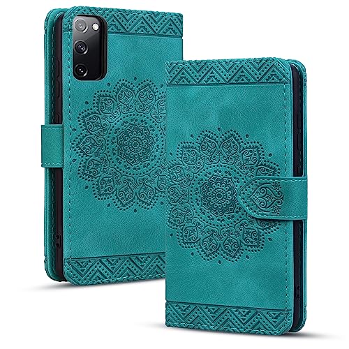 Rosbtib Handyhülle für Samsung Galaxy S20 FE Premium PU - Leder Flip Cover mit Kartenfach Magnetverschluss Ständer Funktion Mandala Prägung - Grün von Rosbtib