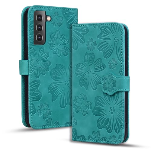 Rosbtib Handyhülle für Samsung Galaxy S21 5G mit PU Ledertasche Flip Schutzhülle mit Kartenfäch Magnetic Closure Kirschblüten-Prägung Hülle Galaxy S21 5G, Grün von Rosbtib