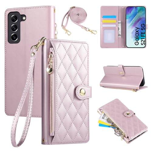 Rosbtib Handyhülle für Samsung Galaxy S21 FE 5G 2022 6.4 Zoll, Handytasche aus PU-Leder mit Rautengitter-Stickerei, Galaxy S21 FE Hülle Flip Klappbare mit Handschlaufe und langem Trageriemen, Rosa Rosbtib Handyhülle für Samsung Galaxy S21 FE 5G 2022 6.4 Zoll, Handytasche aus PU-Leder mit Rautengitter-Stickerei, Galaxy S21 FE Hülle Flip Klappbare mit Handschlaufe und langem Trageriemen, Rosa von Rosbtib