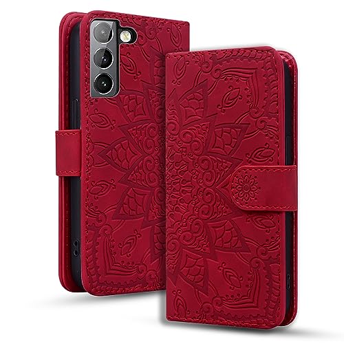 Rosbtib Handyhülle für Samsung Galaxy S21 FE 5G Premium PU Leder Hülle mit Magnetic Closure Standfunktion Flip Cover Mandala Prägung Samsung Galaxy S21 FE 5G - Rot von Rosbtib