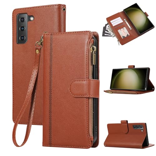 Rosbtib Handyhülle für Samsung Galaxy S22 5G Lederhülle Reißverschluss Magnetverschluss Brieftasche mit 4 Kartenfächern Standfuntion Retro Ledertasche Galaxy S22 5G Hülle, Braun von Rosbtib