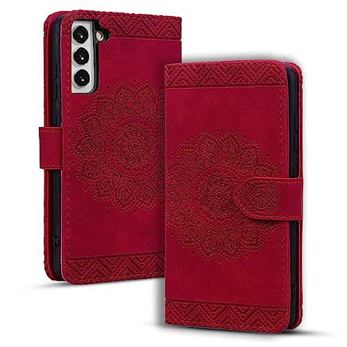 Rosbtib Handyhülle für Samsung Galaxy S22 Premium PU - Leder Flip Cover mit Kartenfach Magnetverschluss Ständer Funktion Mandala Prägung - Rot von Rosbtib