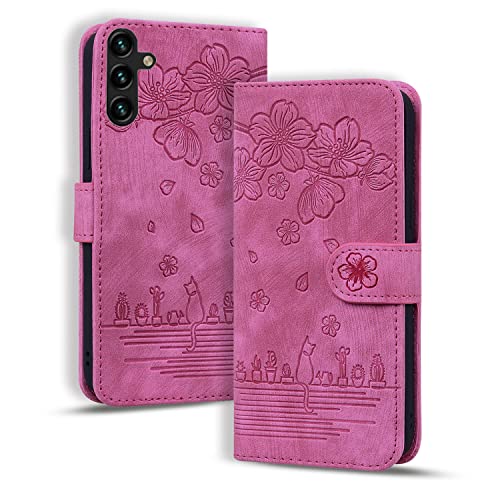 Rosbtib Handyhülle für Samsung Galaxy S23 FE, Premium PU Leder Schutzhülle Magnetic Closure Standfunktion Flip Cover Sakura Hülle Galaxy S23 FE - Rose Rote Katze von Rosbtib