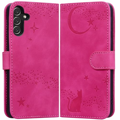 Rosbtib Handyhülle für Samsung Galaxy S24 FE 5G 6.7 Zoll 2024, Katzenprint unter dem weiten Sternenhimmel, Kunstleder, Flip Case mit Kartenfach und Ständer für Galaxy S24 FE 5G 6.7" 2024 Rose Rot von Rosbtib