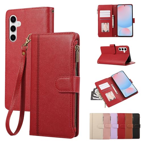 Rosbtib Handyhülle für Samsung Galaxy S24 FE Lederhülle Reißverschluss Magnetverschluss Brieftasche mit 4 Kartenfächern Retro Ledertasche Galaxy S24 FE Hülle, Rot Rosbtib Handyhülle für Samsung Galaxy S24 FE Lederhülle Reißverschluss Magnetverschluss Brieftasche mit 4 Kartenfächern Retro Ledertasche Galaxy S24 FE Hülle, Rot von Rosbtib