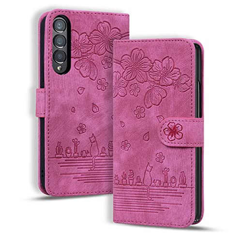 Rosbtib Handyhülle für Samsung Galaxy Z Fold3 Premium PU Leder Schutzhülle Magnetic Closure Flip Cover Hülle Samsung Galaxy Fold 3 5G - Rose Rote Katze von Rosbtib