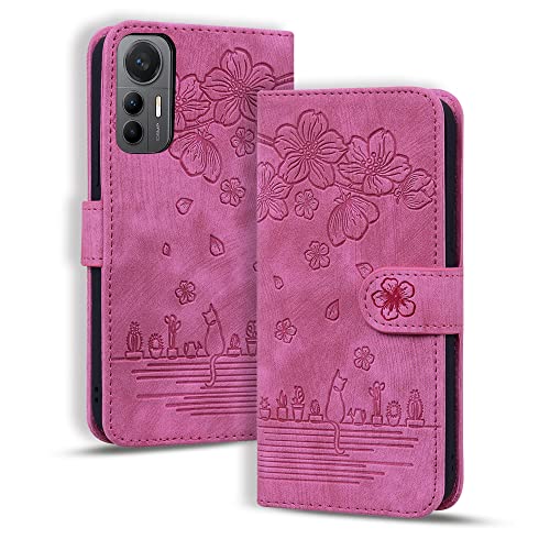 Rosbtib Handyhülle für Xiaomi 12 Lite, Premium PU Leder Schutzhülle Magnetic Closure Standfunktion Flip Cover Hülle Xiaomi 12 Lite 5G (Rose Rote Katze) von Rosbtib