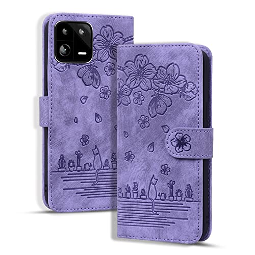 Rosbtib Handyhülle für Xiaomi 13 Pro 5G (6.73"), Premium PU Leder Schutzhülle Magnetic Closure Standfunktion Flip Cover Sakura Hülle Xiaomi 13 Pro 2022 - Lila Katze von Rosbtib