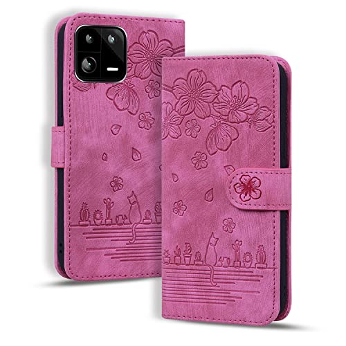 Rosbtib Handyhülle für Xiaomi 13 Pro 5G (6.73"), Premium PU Leder Schutzhülle Magnetic Closure Standfunktion Flip Cover Sakura Hülle Xiaomi 13 Pro 2022 - Rose Rote Katze von Rosbtib