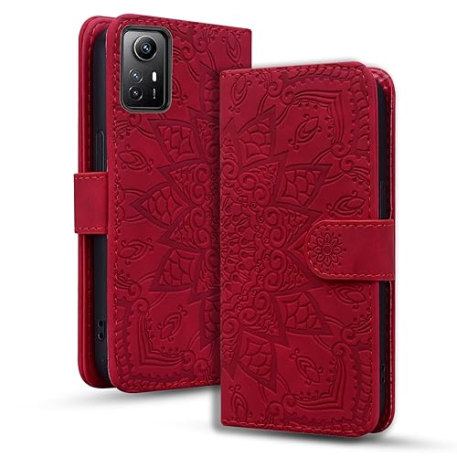 Rosbtib Handyhülle für Xiaomi Redmi Note 12S 4G Premium PU Leder Hülle mit Magnetic Closure Standfunktion Flip Cover Mandala Prägung Redmi Note 12S 4G 2023 - Rot von Rosbtib