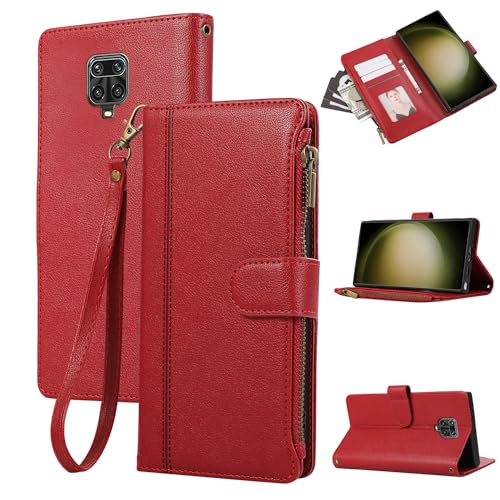 Rosbtib Handyhülle für Xiaomi Redmi Note 9S/ Note 9 Pro Lederhülle Reißverschluss Magnetverschluss Brieftasche mit 4 Kartenfächern Standfuntion Retro Ledertasche Redmi Note 9 Pro Hülle, Rot von Rosbtib
