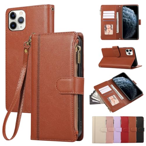 Rosbtib Handyhülle für iPhone 11 Pro Max 2019 6.5 Zoll Lederhülle Reißverschluss Magnetverschluss Brieftasche mit 4 Kartenfächern Standfuntion Retro Ledertasche iPhone 11 Pro Max Hülle, Braun von Rosbtib