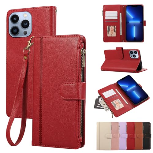Rosbtib Handyhülle für iPhone 13 Pro 5G 2021 6.1 Zoll Lederhülle Reißverschluss Magnetverschluss Brieftasche mit 4 Kartenfächern Standfuntion Retro Ledertasche iPhone 13 Pro 5G Hülle, Rot Rosbtib Handyhülle für iPhone 13 Pro 5G 2021 6.1 Zoll Lederhülle Reißverschluss Magnetverschluss Brieftasche mit 4 Kartenfächern Standfuntion Retro Ledertasche iPhone 13 Pro 5G Hülle, Rot von Rosbtib