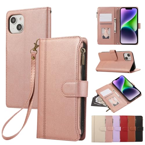 Rosbtib Handyhülle für iPhone 14 / iPhone 13 6.1 Zoll Lederhülle Reißverschluss Magnetverschluss Brieftasche mit 4 Kartenfächern Standfuntion Retro Ledertasche iPhone 14/iPhone 13 Hülle, Roségold von Rosbtib