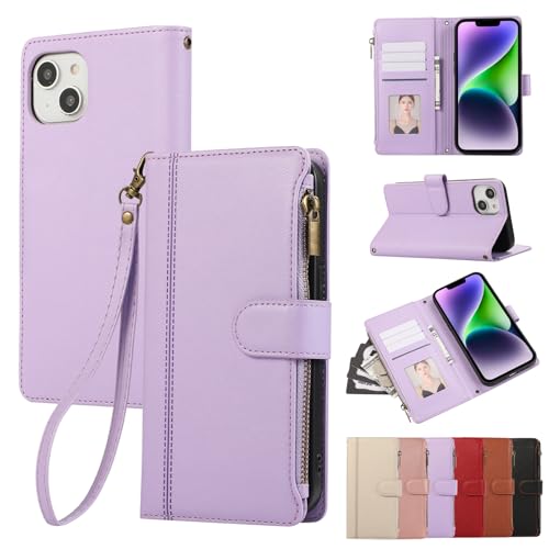Rosbtib Handyhülle für iPhone 14 / iPhone 13 6.1 Zoll Lederhülle Reißverschluss Magnetverschluss Brieftasche mit 4 Kartenfächern Standfuntion Retro Ledertasche iPhone 14/iPhone 13 Hülle, Lila von Rosbtib