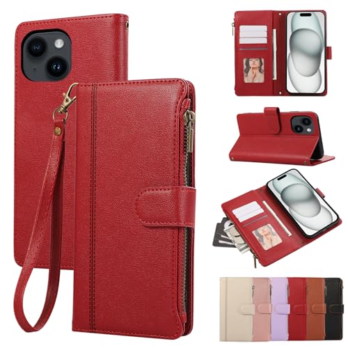 Rosbtib Handyhülle für iPhone 15 Plus 5G 2023 6.7 Zoll Lederhülle Reißverschluss Magnetverschluss Brieftasche mit 4 Kartenfächern Standfuntion Retro Ledertasche iPhone 15 Plus Hülle, Rot Rosbtib Handyhülle für iPhone 15 Plus 5G 2023 6.7 Zoll Lederhülle Reißverschluss Magnetverschluss Brieftasche mit 4 Kartenfächern Standfuntion Retro Ledertasche iPhone 15 Plus Hülle, Rot von Rosbtib