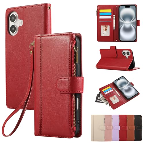 Rosbtib Handyhülle für iPhone 16 2024 Lederhülle Reißverschluss Magnetverschluss Brieftasche mit 4 Kartenfächern Retro Ledertasche iPhone 16 Hülle, Rot Rosbtib Handyhülle für iPhone 16 2024 Lederhülle Reißverschluss Magnetverschluss Brieftasche mit 4 Kartenfächern Retro Ledertasche iPhone 16 Hülle, Rot von Rosbtib