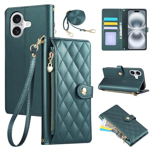Rosbtib Handyhülle für iPhone 16 5G 2024 6.1 Zoll, Handytasche aus PU-Leder mit Rautengitter-Stickerei, iPhone 16 5G Hülle Flip Klappbare mit Handschlaufe und langem Trageriemen, Grün von Rosbtib