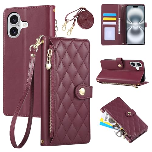 Rosbtib Handyhülle für iPhone 16 5G 2024 6.1 Zoll, Handytasche aus PU-Leder mit Rautengitter-Stickerei, iPhone 16 5G Hülle Flip Klappbare mit Handschlaufe und langem Trageriemen, Rot von Rosbtib