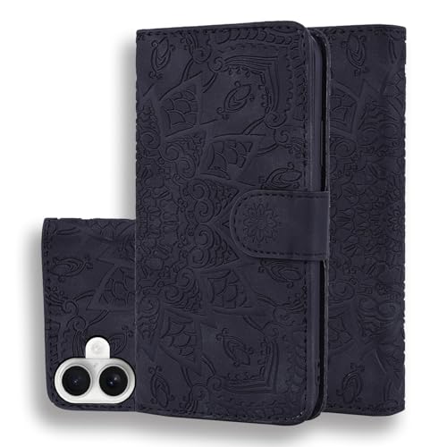 Rosbtib Handyhülle für iPhone 16 6.1 Zoll 2024 Premium PU Leder Hülle mit Magnetic Closure Standfunktion Flip Cover Mandala Prägung iPhone 16 2024 6.1" - Schwarz von Rosbtib