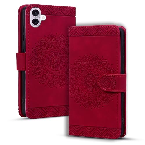 Rosbtib Handyhülle für iPhone 16 Hülle Premium PU - Leder Schutzhülle mit Kartenfach Magnetverschluss Ständer Funktion Mandala Prägung Cover iPhone 16 6.1" 2024 - Rot von Rosbtib