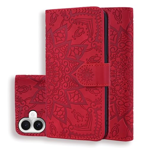 Rosbtib Handyhülle für iPhone 16 6.1 Zoll 2024 Premium PU Leder Hülle mit Magnetic Closure Standfunktion Flip Cover Mandala Prägung iPhone 16 2024 6.1" - Rot von Rosbtib