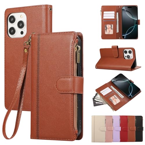 Rosbtib Handyhülle für iPhone 16 Pro 2024 Lederhülle Reißverschluss Magnetverschluss Brieftasche mit 4 Kartenfächern Retro Ledertasche iPhone 16 Pro Hülle, Braun von Rosbtib