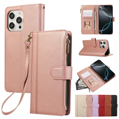 Rosbtib Handyhülle für iPhone 16 Pro 2024 Lederhülle Reißverschluss Magnetverschluss Brieftasche mit 4 Kartenfächern Retro Ledertasche iPhone 16 Pro Hülle, Roségold Rosbtib Handyhülle für iPhone 16 Pro 2024 Lederhülle Reißverschluss Magnetverschluss Brieftasche mit 4 Kartenfächern Retro Ledertasche iPhone 16 Pro Hülle, Roségold von Rosbtib
