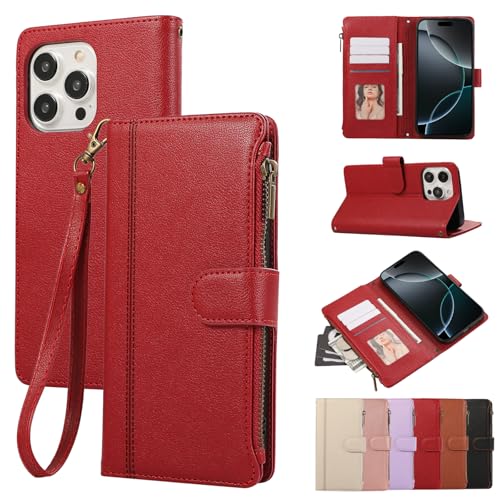 Rosbtib Handyhülle für iPhone 16 Pro 2024 Lederhülle Reißverschluss Magnetverschluss Brieftasche mit 4 Kartenfächern Retro Ledertasche iPhone 16 Pro Hülle, Rot Rosbtib Handyhülle für iPhone 16 Pro 2024 Lederhülle Reißverschluss Magnetverschluss Brieftasche mit 4 Kartenfächern Retro Ledertasche iPhone 16 Pro Hülle, Rot von Rosbtib