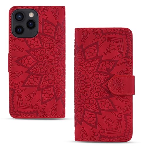 Rosbtib Handyhülle für iPhone 16 Pro 6,3 Zoll 2024 Premium PU Leder Hülle mit Magnetic Closure Standfunktion Flip Cover Mandala Prägung iPhone 16 Pro 2024 - Rot von Rosbtib