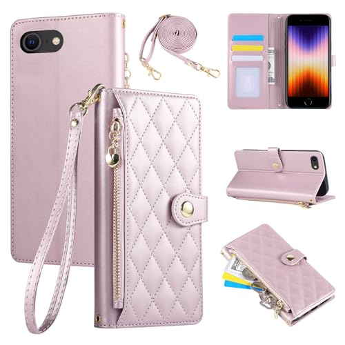 Rosbtib Handyhülle für iPhone SE (2022/2020) / iPhone 8/7 4.7", Handytasche aus PU-Leder mit Rautengitter-Stickerei, iPhone SE/8/7 Hülle Flip Klappbare mit Handschlaufe und langem Trageriemen, Rosa von Rosbtib