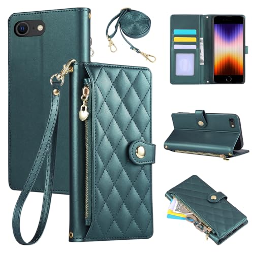 Rosbtib Handyhülle für iPhone SE (2022/2020) / iPhone 8/7 4.7", Handytasche aus PU-Leder mit Rautengitter-Stickerei, iPhone SE/8/7 Hülle Flip Klappbare mit Handschlaufe und langem Trageriemen, Grün von Rosbtib