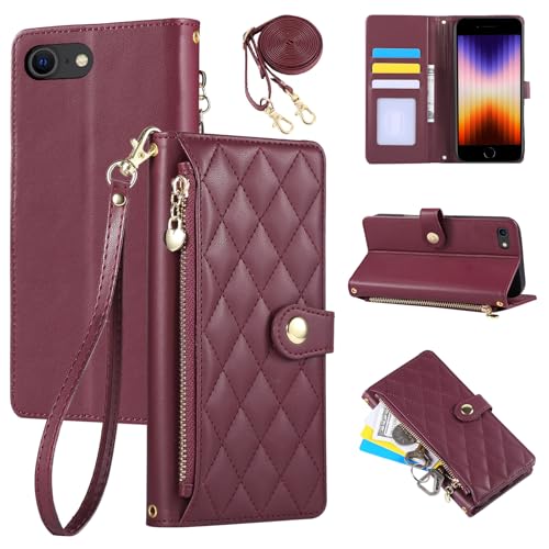 Rosbtib Handyhülle für iPhone SE (2022/2020) / iPhone 8/7 4.7", Handytasche aus PU-Leder mit Rautengitter-Stickerei, iPhone SE/8/7 Hülle Flip Klappbare mit Handschlaufe und langem Trageriemen, Rot von Rosbtib