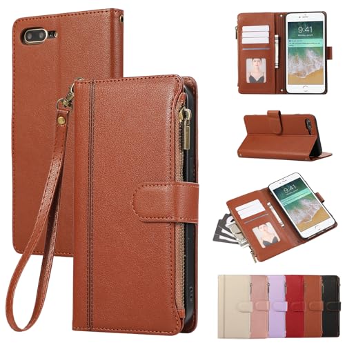 Rosbtib Handyhülle für iPhone SE 2022/2020 iPhone 8/7 4.7 Zoll Lederhülle Reißverschluss Magnetverschluss Brieftasche mit 4 Kartenfächern Standfuntion Retro Ledertasche iPhone SE/8/7 Hülle, Braun von Rosbtib