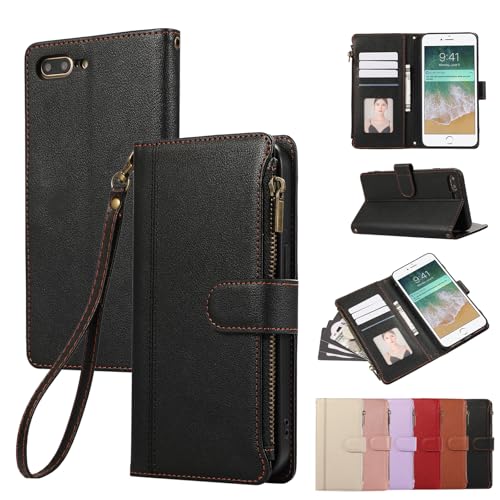 Rosbtib Handyhülle für iPhone SE 2022/2020 iPhone 8/7 4.7 Zoll Lederhülle Reißverschluss Magnetverschluss Brieftasche mit 4 Kartenfächern Standfuntion Retro Ledertasche iPhone SE/8/7 Hülle, Schwarz von Rosbtib