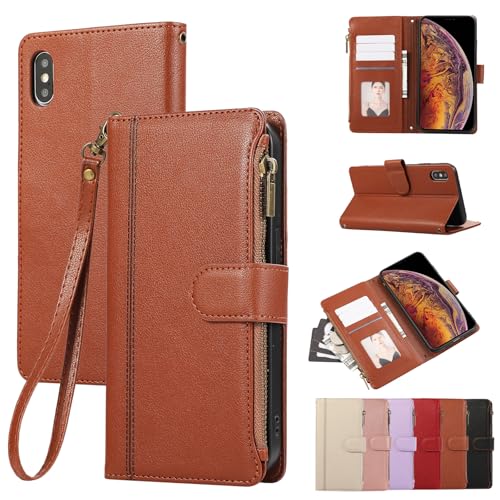Rosbtib Handyhülle für iPhone XS Max 2018 6.5 Zoll Lederhülle Reißverschluss Magnetverschluss Brieftasche mit 4 Kartenfächern Standfuntion Retro Ledertasche iPhone XS Max Hülle, Braun von Rosbtib