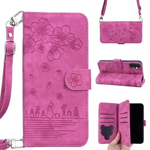 Rosbtib Handykette Hülle für Samsung Galaxy A34 5G PU Leder Flip Cover mit Band 6 Kartenfach Wallet Handyhülle Galaxy A34 Sakura Katze Prägemuster, Rose von Rosbtib