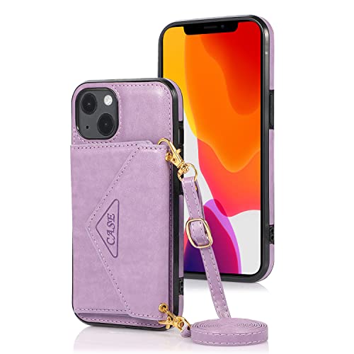 Rosbtib Hülle Kompatibel mit iPhone 13 Mini 5.4 Zoll, PU Leder Schutzhülle mit Kartenhalter Verstellbar Crossbody Lanyard Handyhülle für iPhone 13 Mini - Taro Lila von Rosbtib