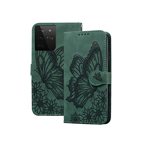 Rosbtib Hülle Samsung Galaxy S21 Ultra 5G, Handyhülle Flip Tasche Klappbar PU Leder mit Standfunktion Magnetic Closure Schutzhülle für Galaxy S21 Ultra 5G(Grün Schmetterling) von Rosbtib