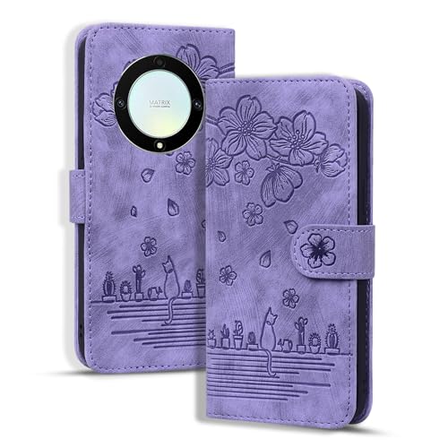 Rosbtib Hülle für Honor Magic5 Lite 5G/ Honor X9a/ Honor X40, Premium PU Leder Schutzhülle Magnetic Closure Standfunktion Flip Cover Handyhülle für Honor Magic 5 Lite (Lila Katze) von Rosbtib