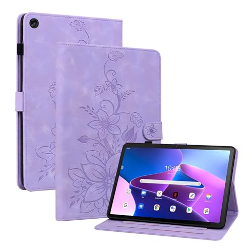 Rosbtib Hülle für Lenovo Tab M10 (3rd Gen) 10.1 Zoll 2022 Modell TB-328FU / TB-328XU, Multi-Winkel Betrachtung Kunstleder Schutzhülle mit Kartenfächer Cover Lilien-Muster, Lila von Rosbtib