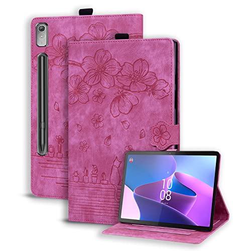 Rosbtib Hülle für Lenovo Tab P12 12,7 Zoll PU Leder Flip Case Ständer TPU Cover Tasche Schutzhülle mit Kartenschlitz für Lenovo Tab P12 2023, Rose Rot Katze von Rosbtib