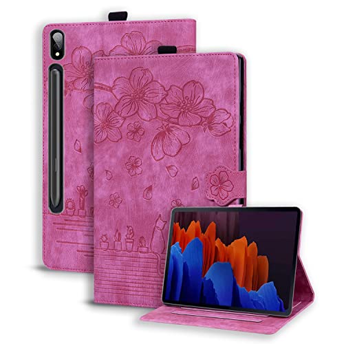 Rosbtib Hülle für Lenovo Tab P12 Pro 12,6 Zoll PU Leder Flip Case Ständer TPU Cover Tasche Schutzhülle mit Kartenschlitz für Lenovo Tab P12 Pro 2021, Rose Rot Katze von Rosbtib